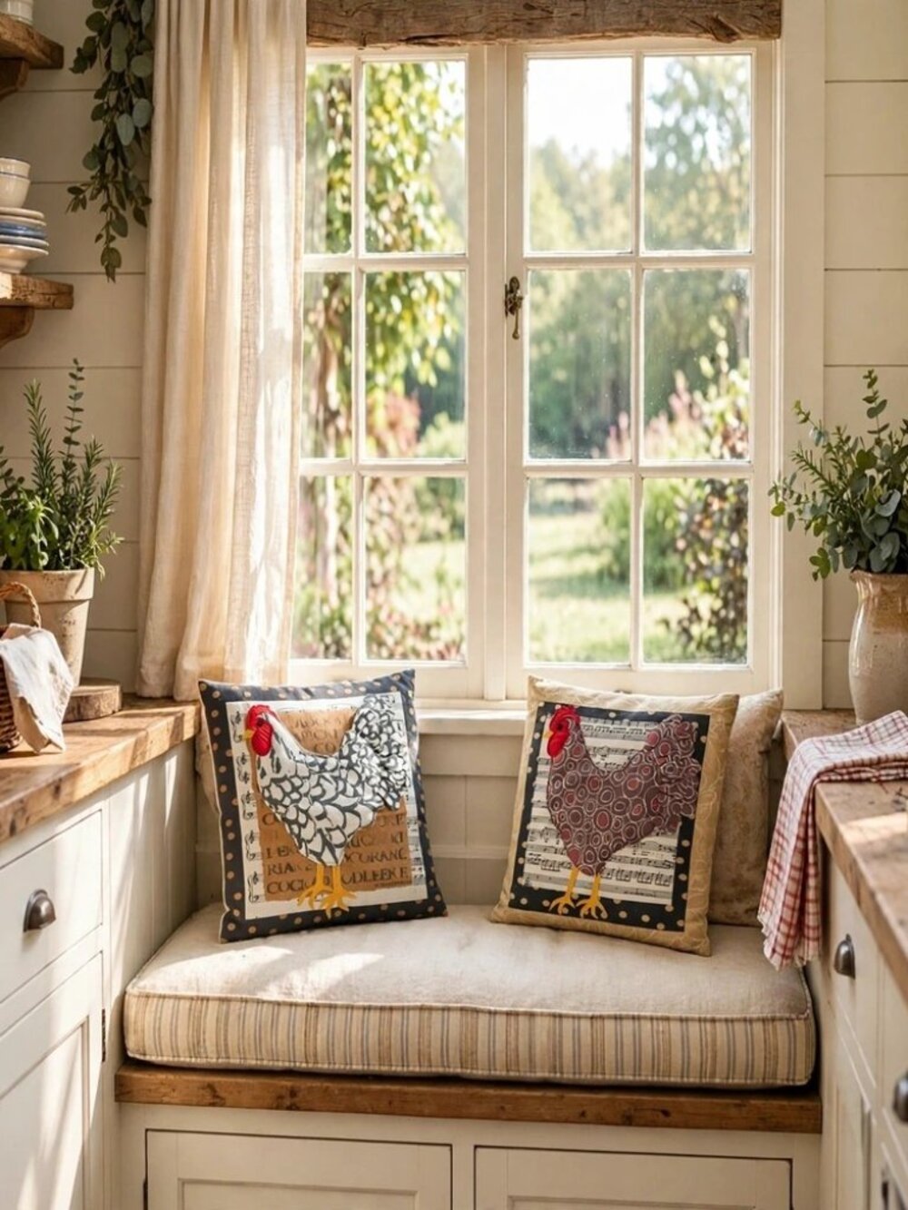 Two Nancy Overton Design dimensional Decorative Rooster Pillow Covers -18”